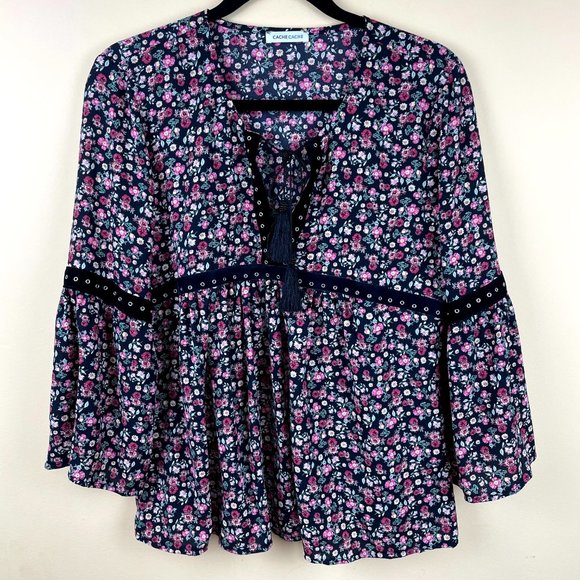 Cache Cache Boho Floral Baby Doll Peasant Blouse M - Picture 2 of 9